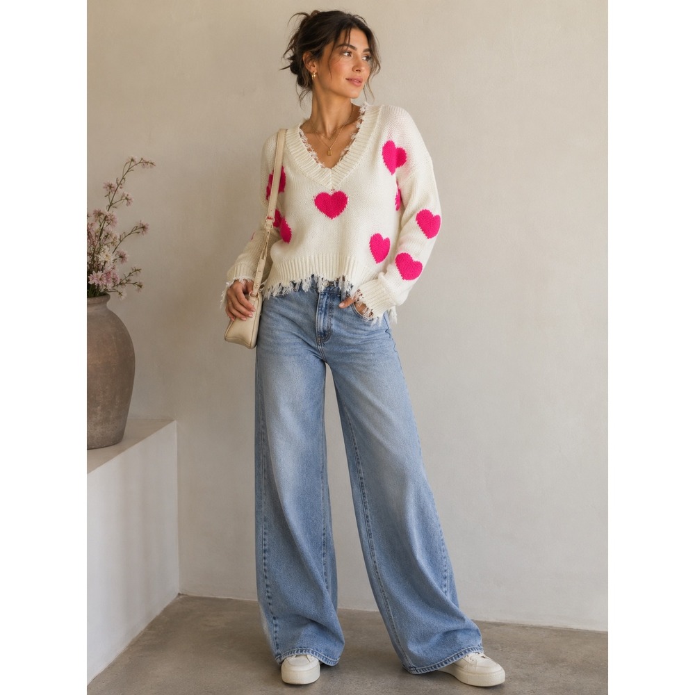 Altar'd State Women's White Sweater with Pink Hearts- Size‎ S